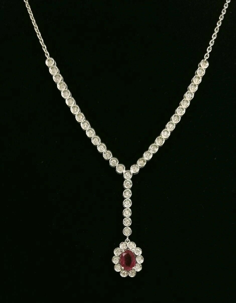 Vintage Ladies Oval Ruby Diamonds 18K White Gold Necklace