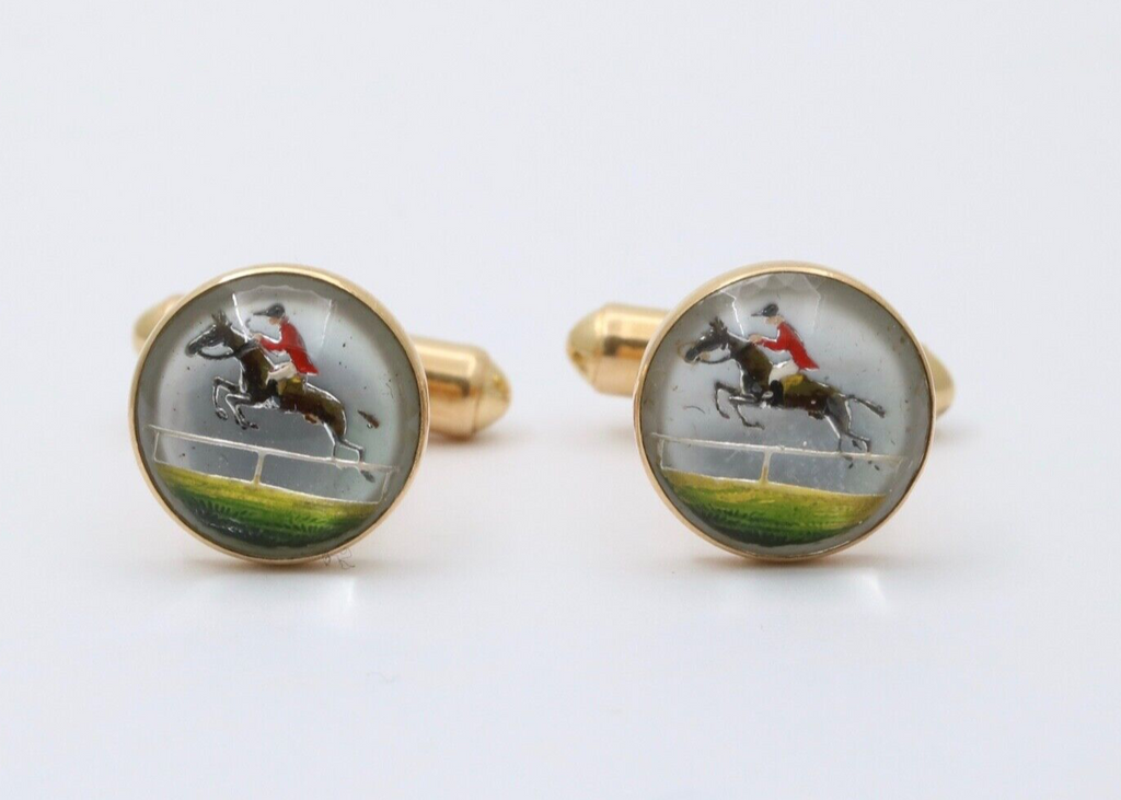 Antique Essex Crystal Polo Horse Riding 14K Gold Cufflinks.