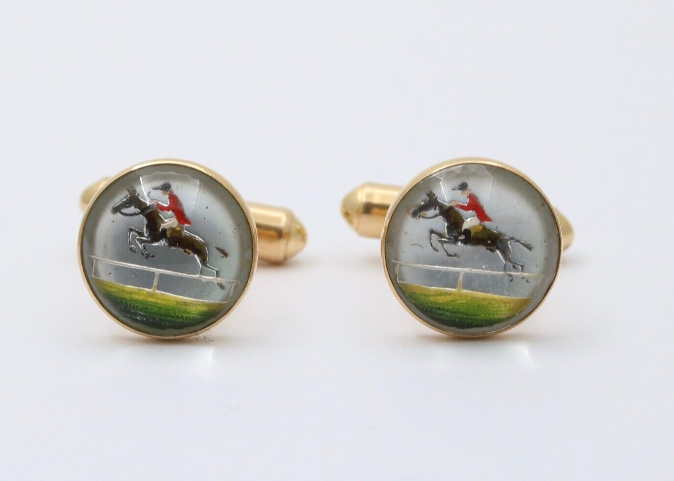 Antique Essex Crystal Polo Horse Riding 14K Gold Cufflinks.