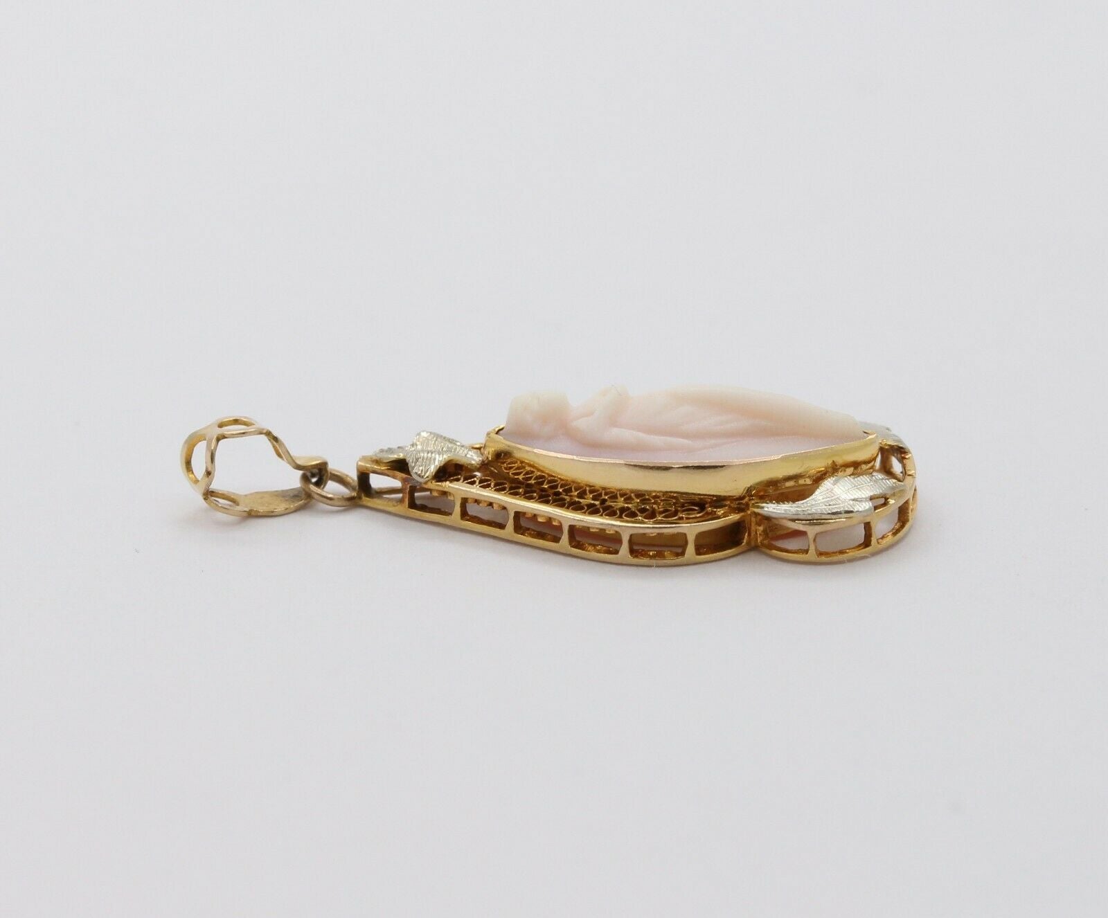 Art Nouveau 10K Yellow Golld & White Gold Carved Coral  Cameo  Pendant