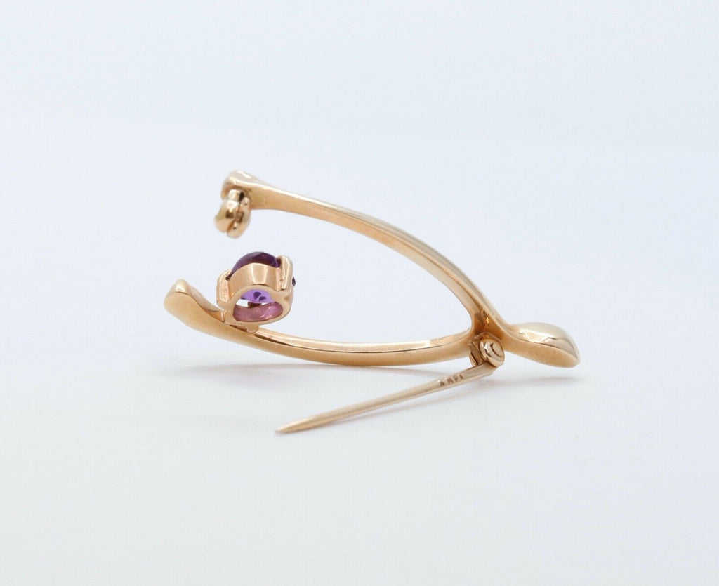 Vintage Lucky 14K Yellow Gold Wishbone Heart Amethyst Pendant Pin