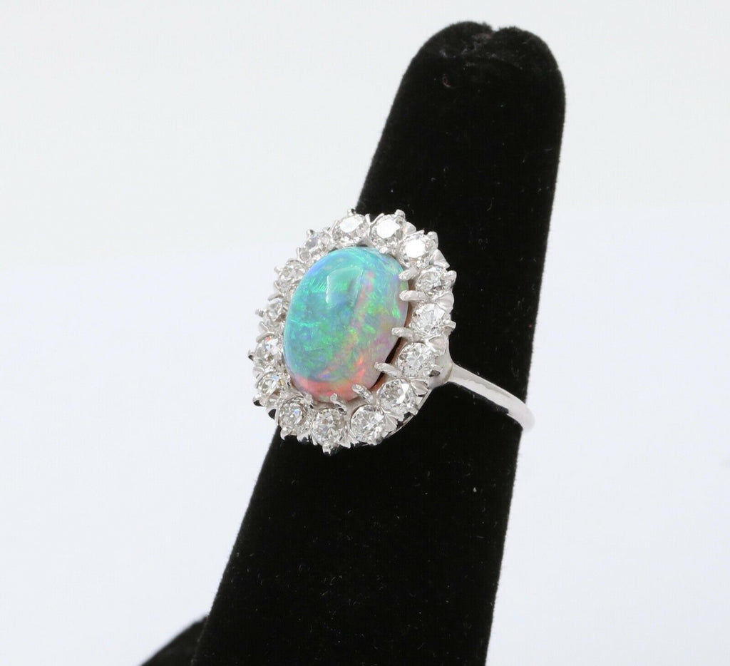 Art Deco Platinum Australia Opal & Old Mine Cut Diamond Halo Engagement Ring