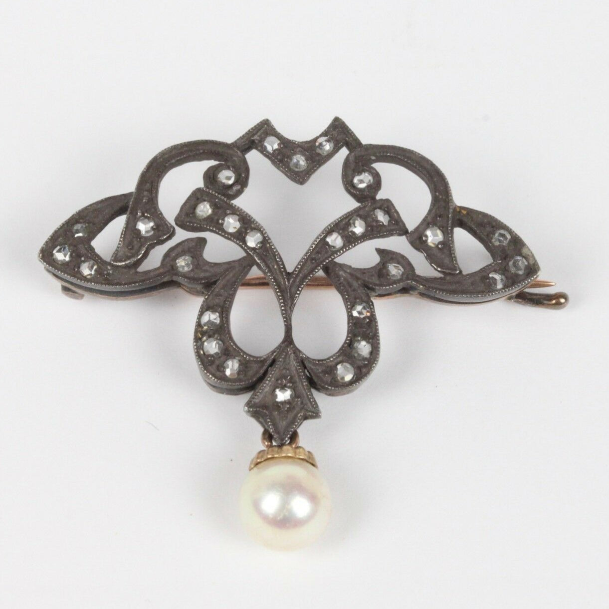 Victorian 10K Yellow Gold and Silver Diamond Pearl Brooch