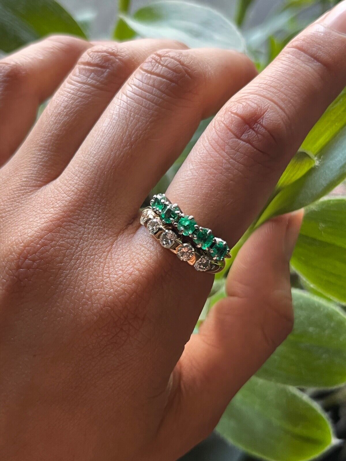 Vintage 14K Yellow Gold Emerald Five Stone Stacking Ring Band,Wedding Band.