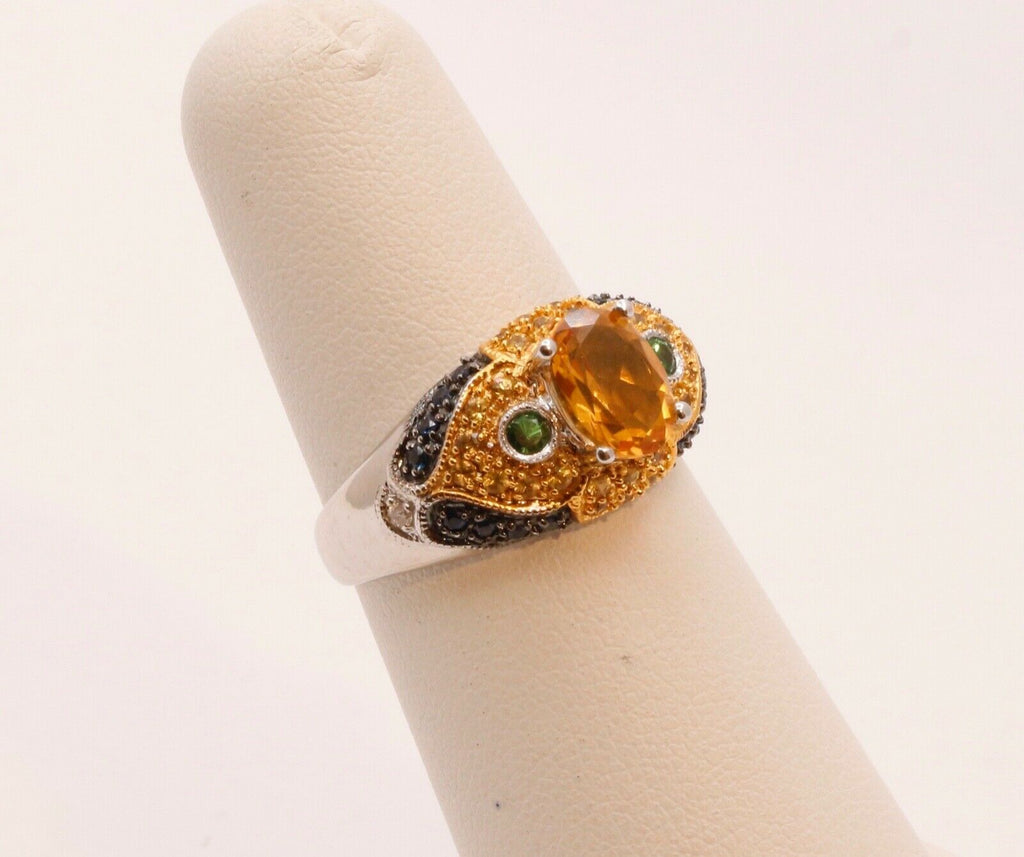 Citrine Blue Sapphires Cocktail Ring 14K White Yellow Gold Ring