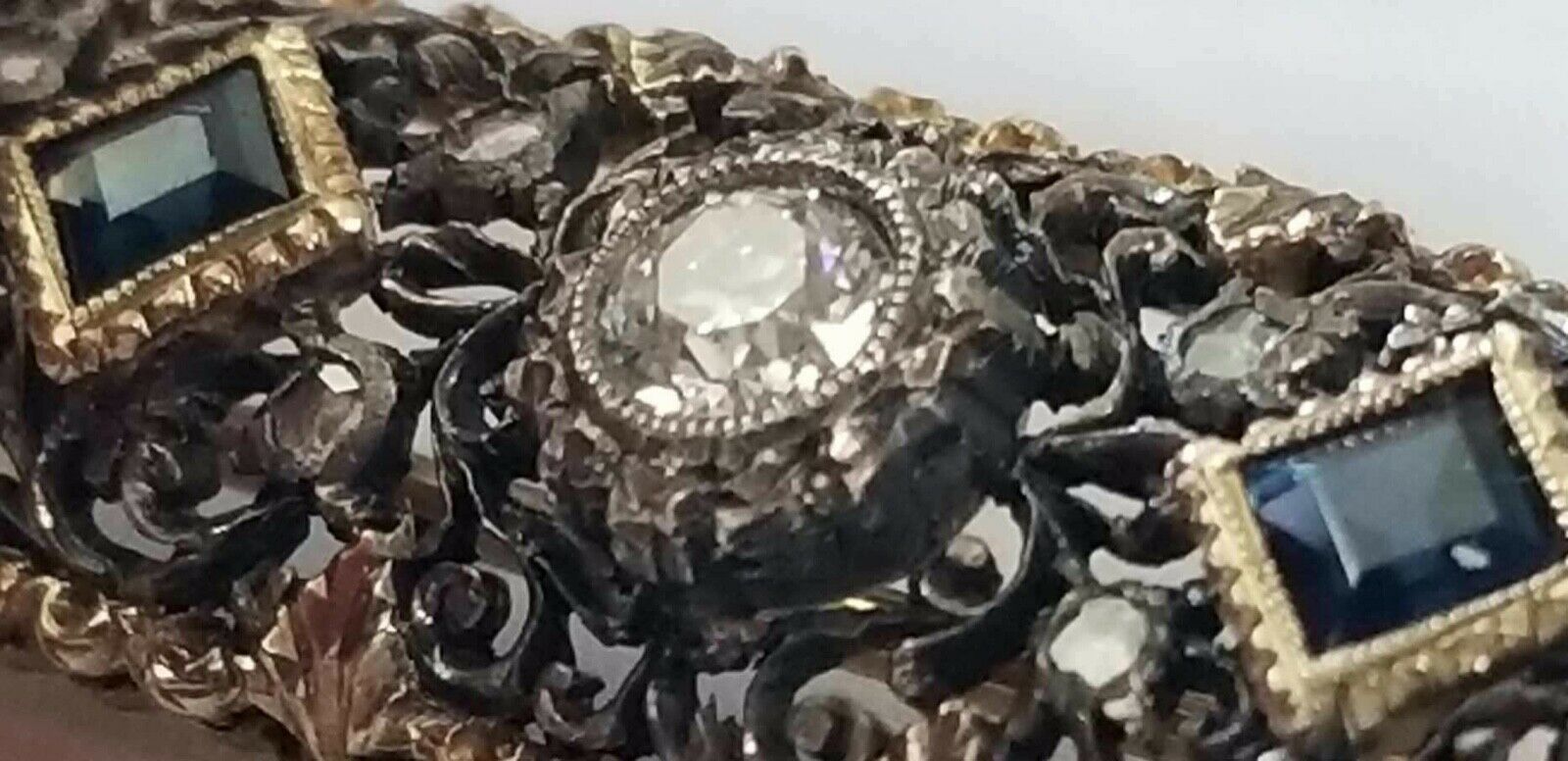 Edwardian 18K Yellow Gold Sterling Silver Diamonds Sapphires Brooch Pin