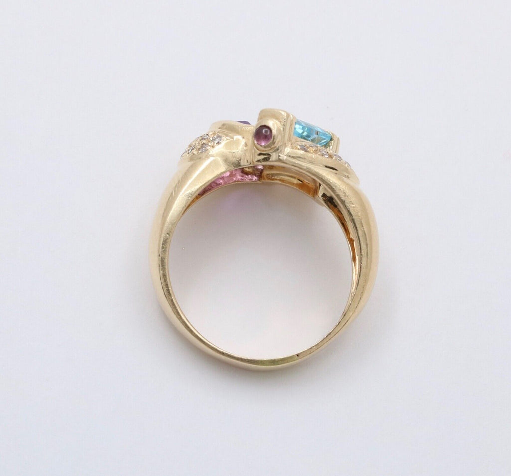Vintage Geometric Amethyst Blue Topaz Tourmalines Diamonds 14K Yellow Gold Ring