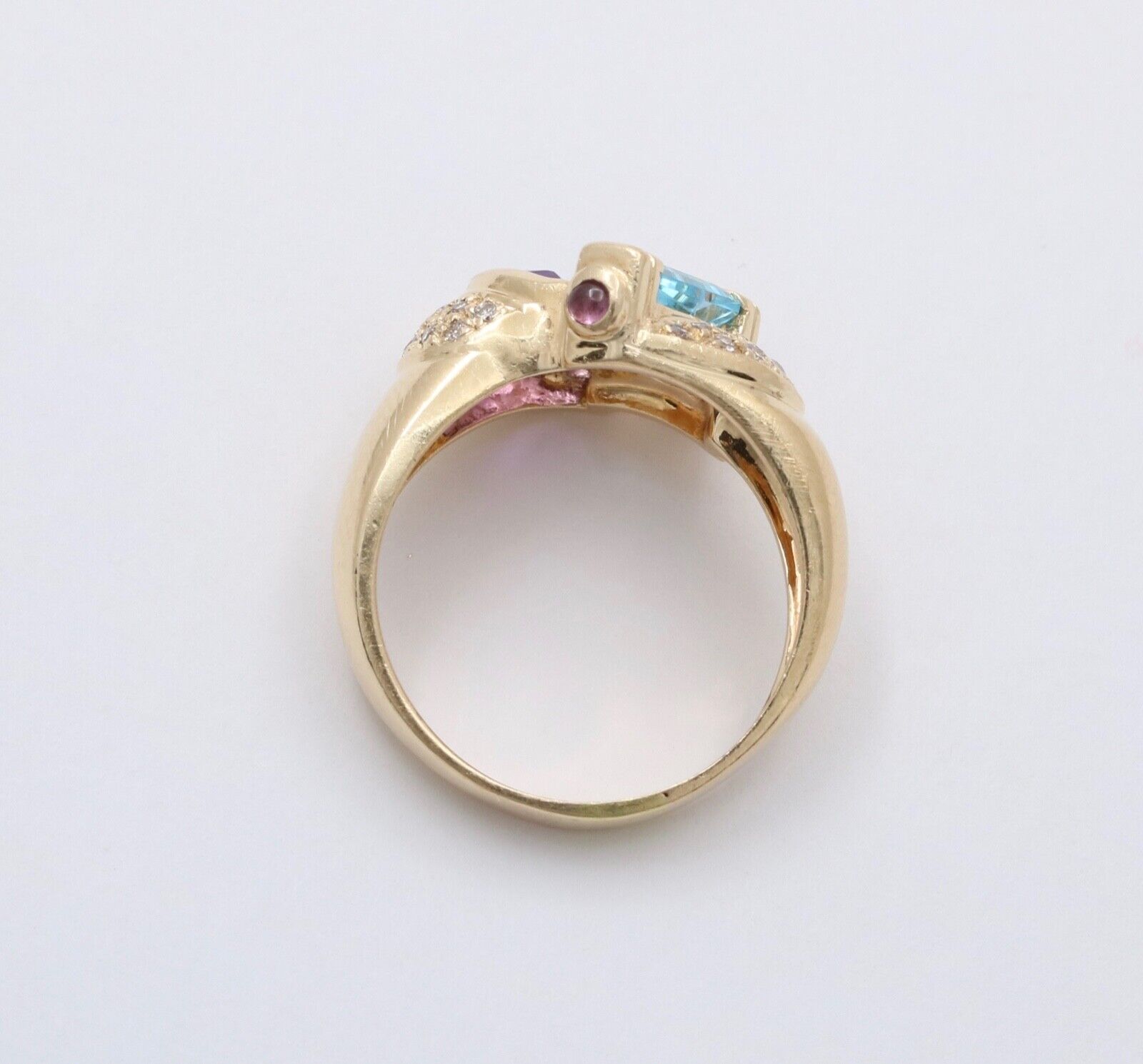 Vintage Geometric Amethyst Blue Topaz Tourmalines Diamonds 14K Yellow Gold Ring