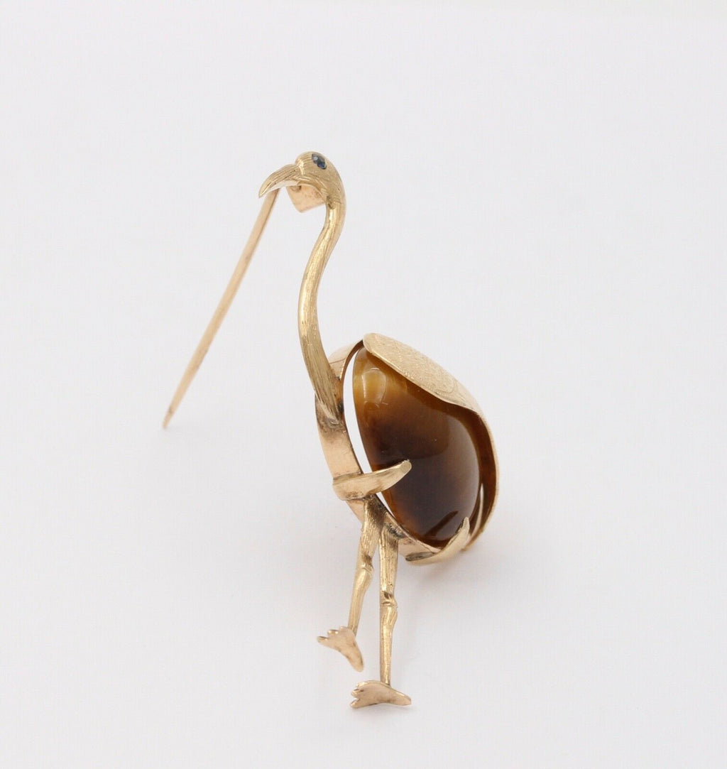 Vintage 14K Yellow Gold Tiger Eye Crane Bird Brooch, Estate Pin.