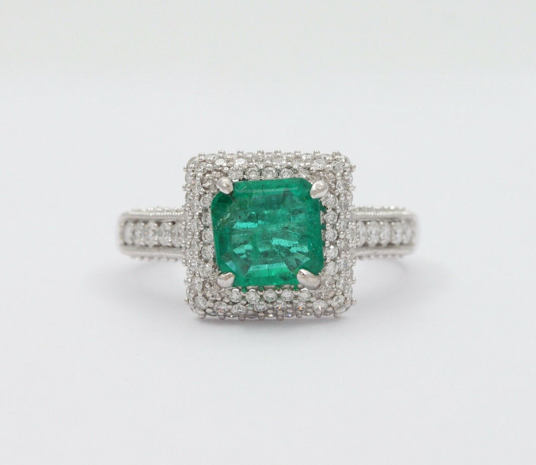 Vintage 14K White Gold Emerald Diamond Cocktail Ring