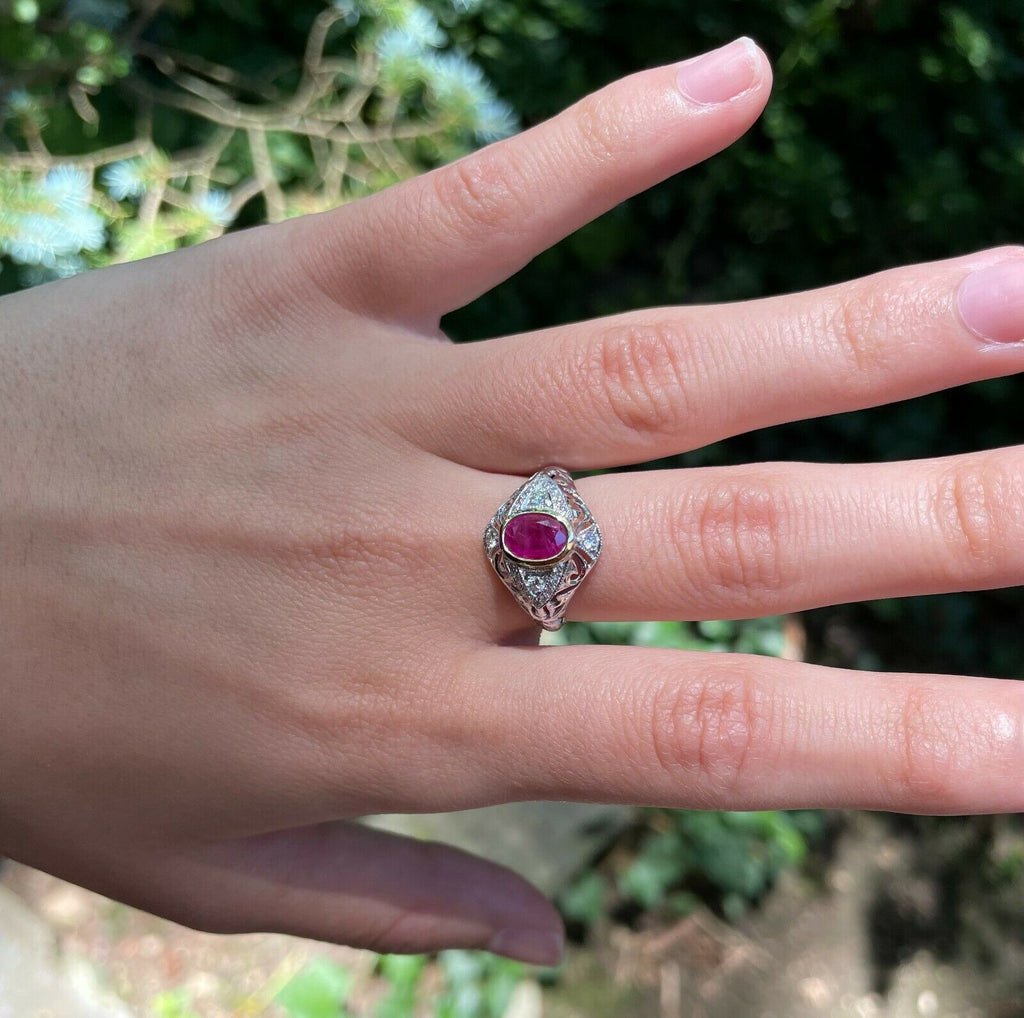 Vintage Burma Ruby Filigree Diamond 18K Gold Ring , Engagement Ring.