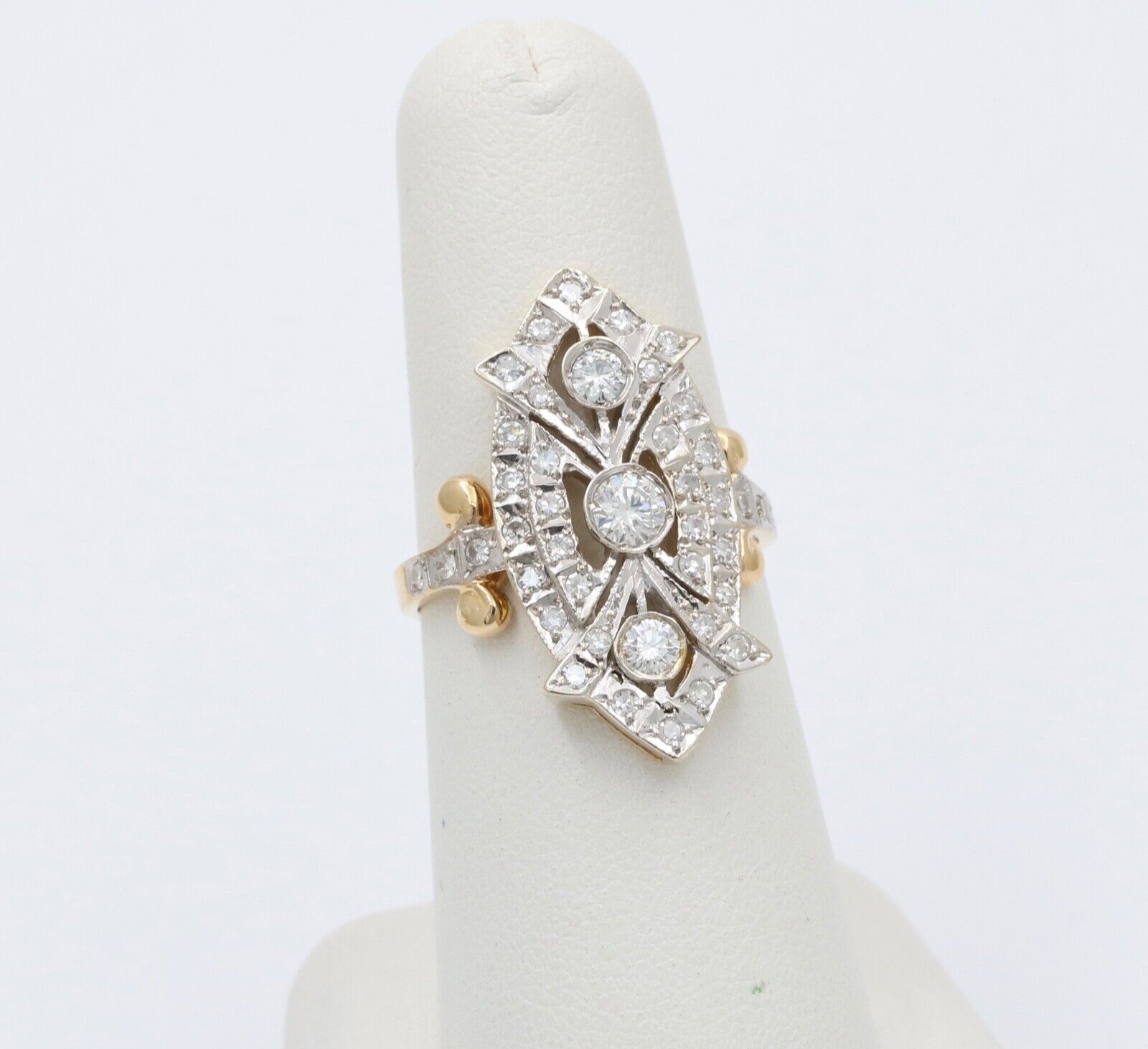 Vintage Russian Navette Diamonds 18K Yellow White Gold Ring