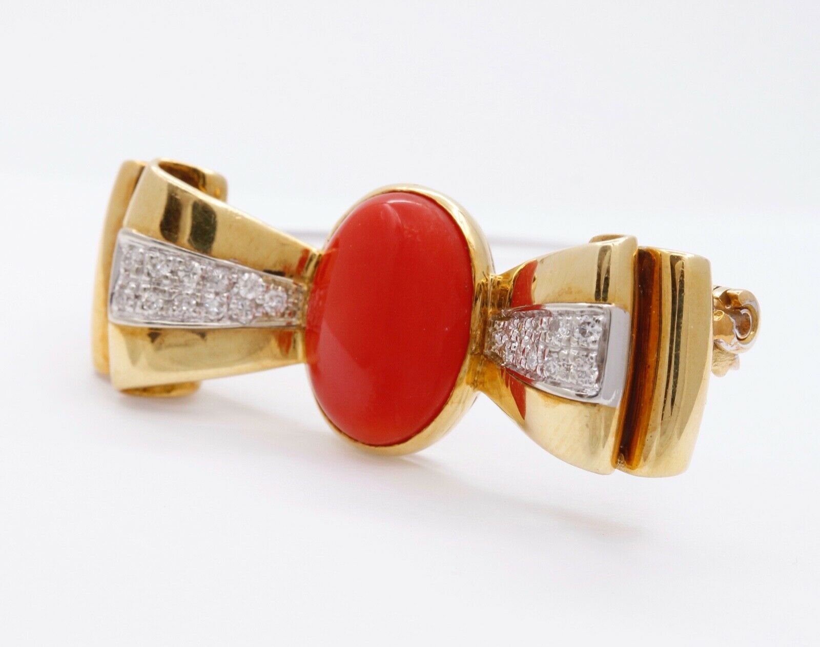 Vintage Red Coral Diamonds 18K Yellow White Gold Brooch Pin