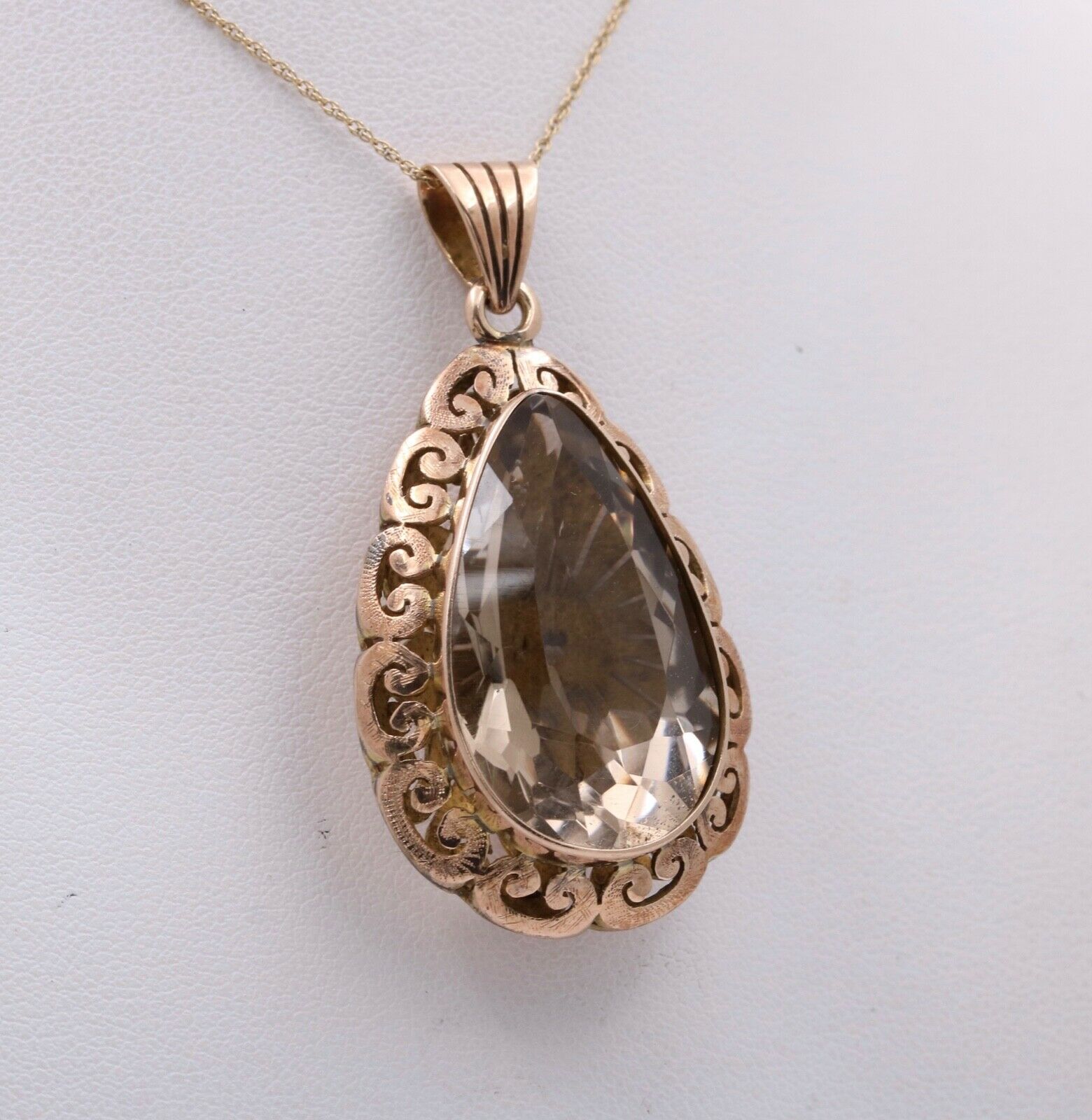 Vintage 14K Rose Gold Pear Shape Smoky Topaz  Pendant , Necklace