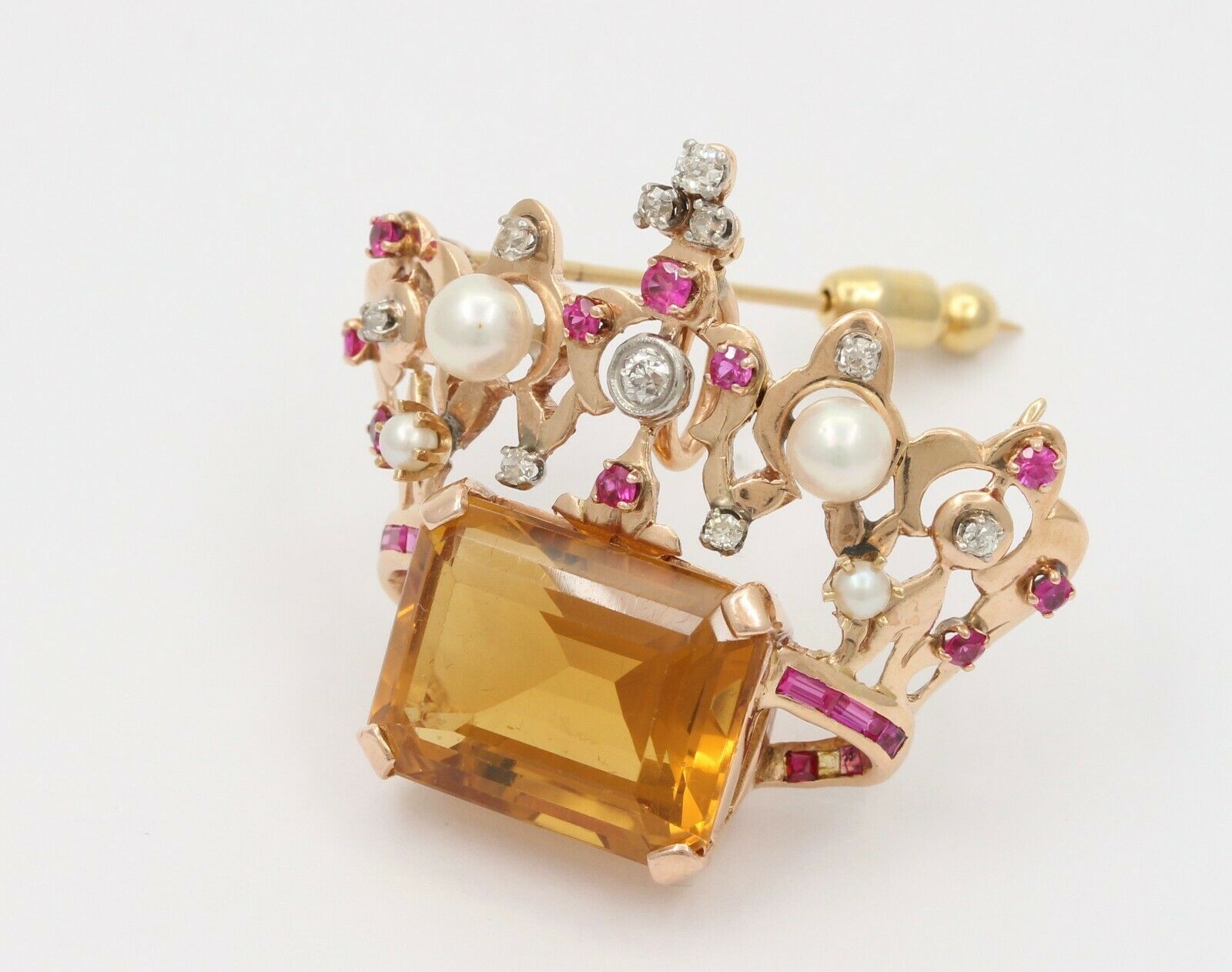 Vintage Retro 14K Rose Gold Royal Crown Citrine Ruby Diamond Pearl Brooch
