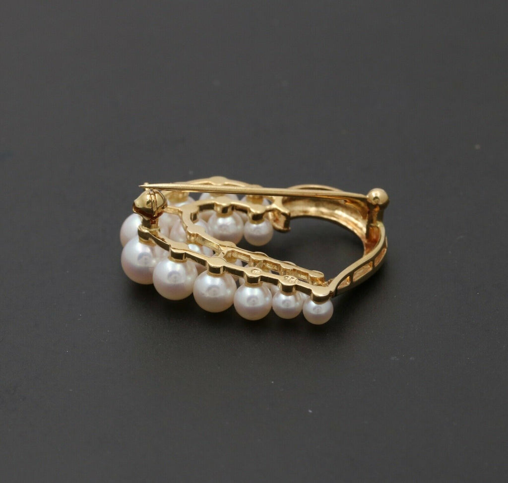 Mikimoto Heart 18K Yellow Gold Akoya Pearls Brooch Pin