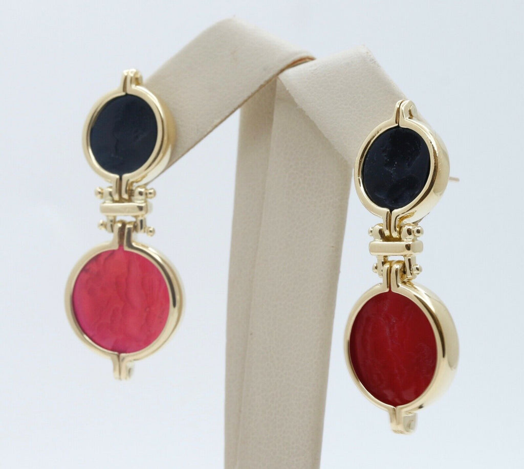 Italian 18K Yellow Gold Art Glass Portrait Cherub Dangle Earrings