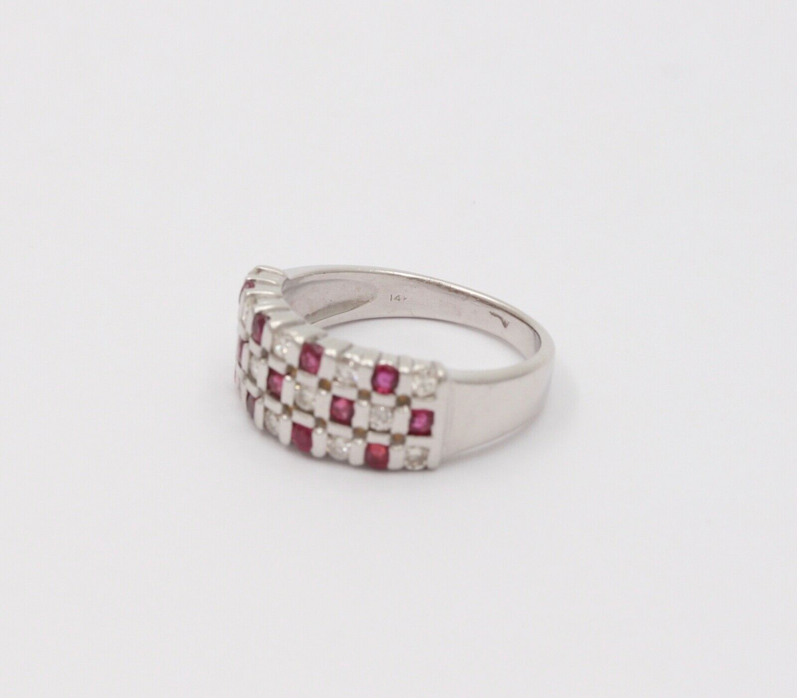 Vintage 14K White Gold Diamond & Ruby Checkerboard Ring Band