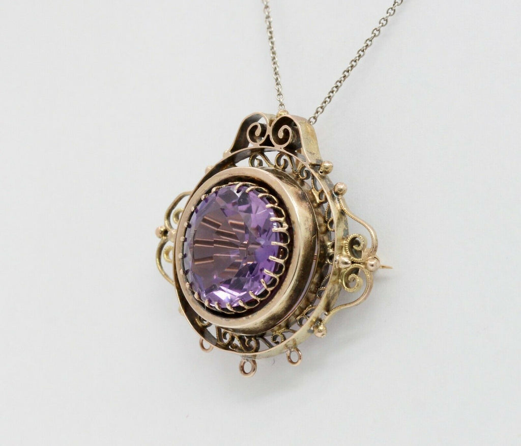 Victorian 14K Yellow Gold Amethyst Pendant Brooch