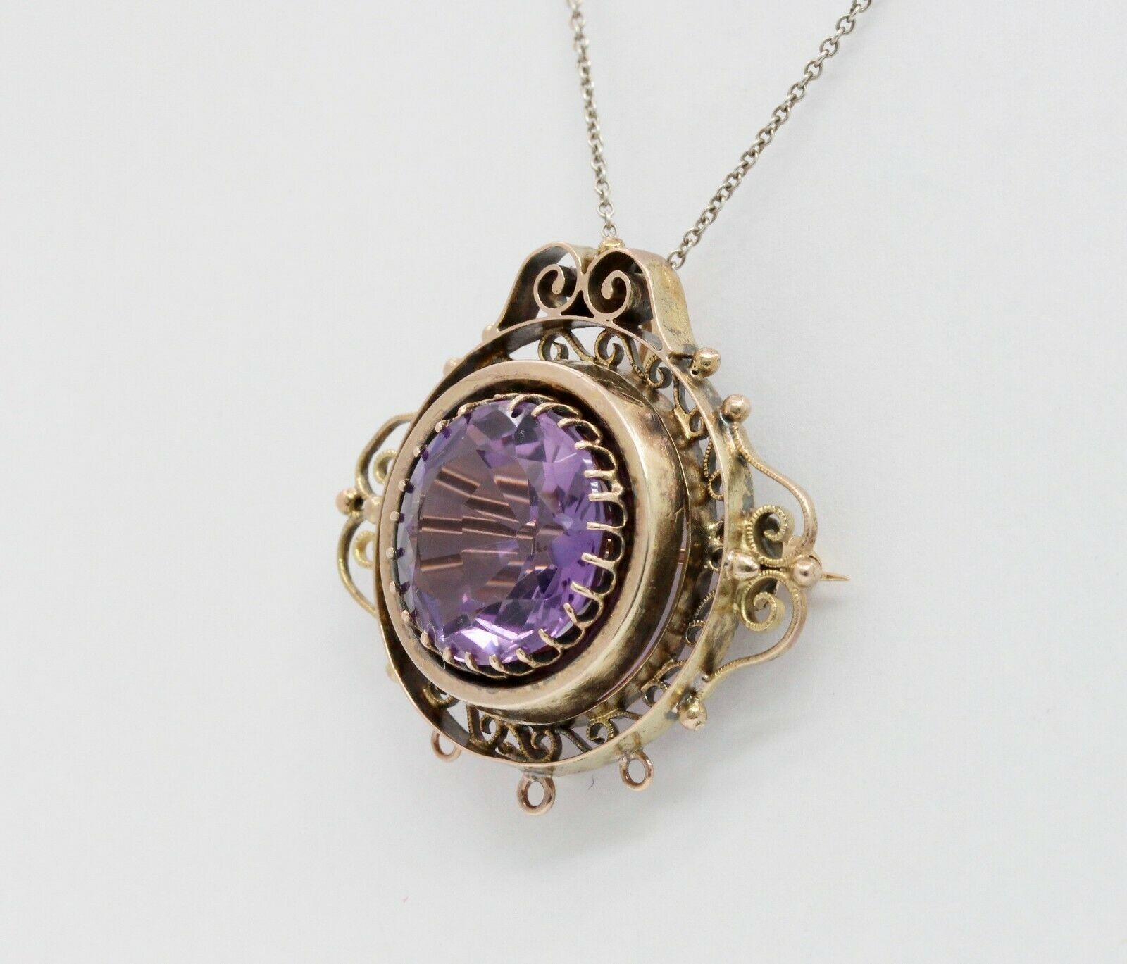Victorian 14K Yellow Gold Amethyst Pendant Brooch