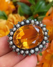 Load image into Gallery viewer, Victorian Madeira Citrine, Pearl Emerald 14K Gold Brooch, Antique Brooch.
