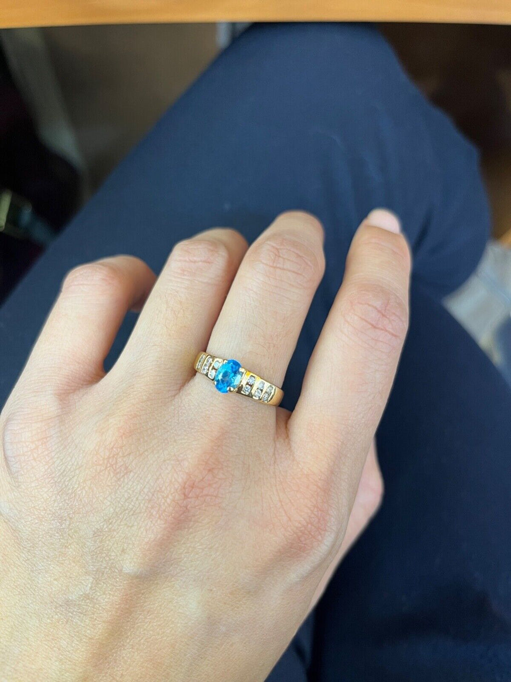 Vintage 14K Yellow Gold Blue Topaz & Diamond Ring, Engagement Ring