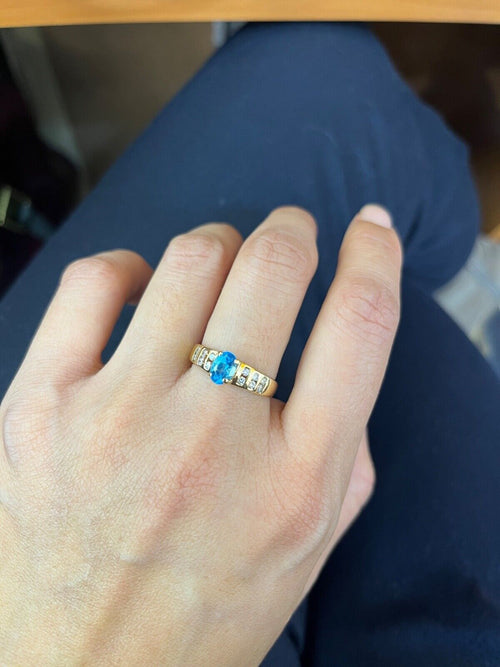 Vintage 14K Yellow Gold Blue Topaz & Diamond Ring, Engagement Ring