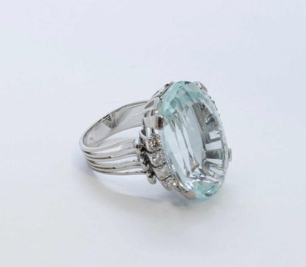 Vintage Aquamarine Diamonds 14K White Gold Ring