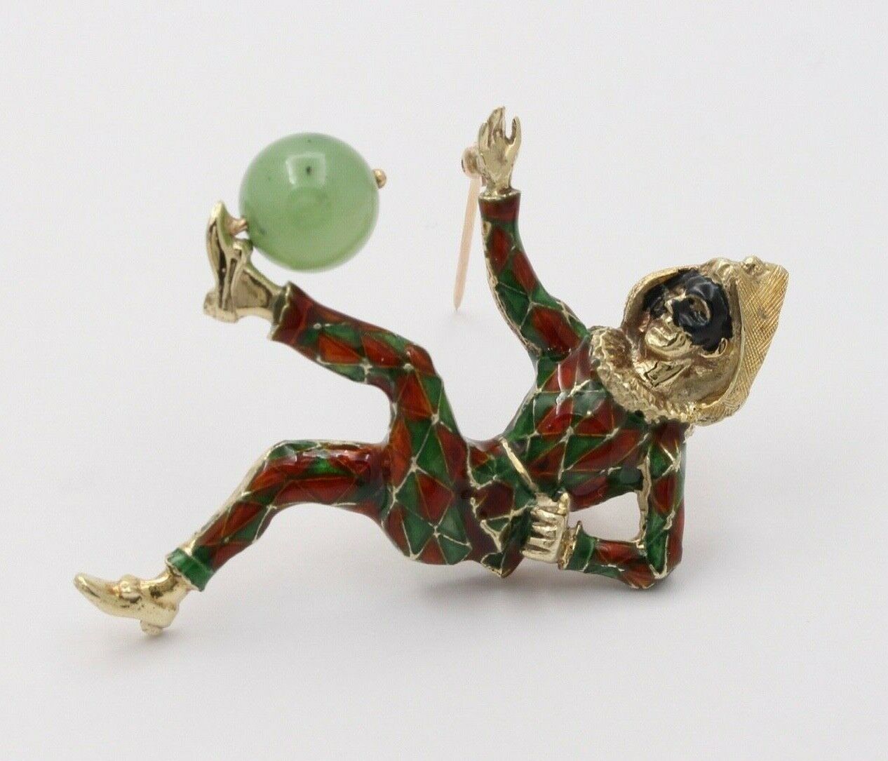 Vintage Unique Enamel Jester With Chrysoprase Ball Brooch, Pin.