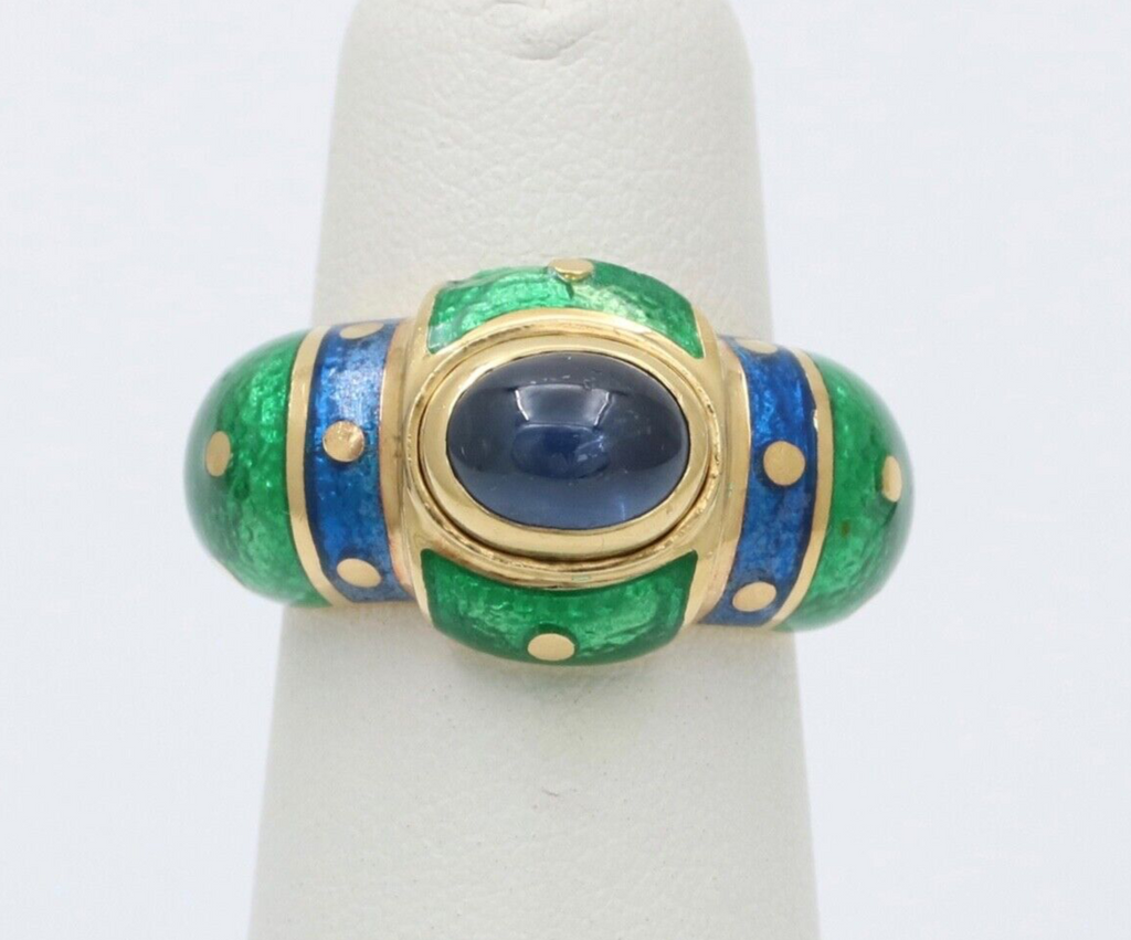 Vintage 18K Yellow Gold Sapphire Enamel Dome Ring , Ring Band