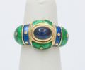 Vintage 18K Yellow Gold Sapphire Enamel Dome Ring , Ring Band