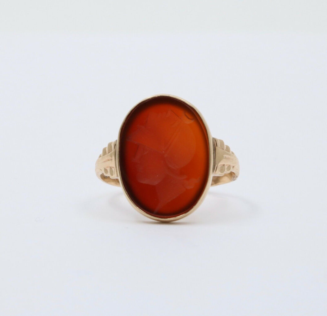 Art Deco Carved Carnelian 14K Yellow Gold Ring