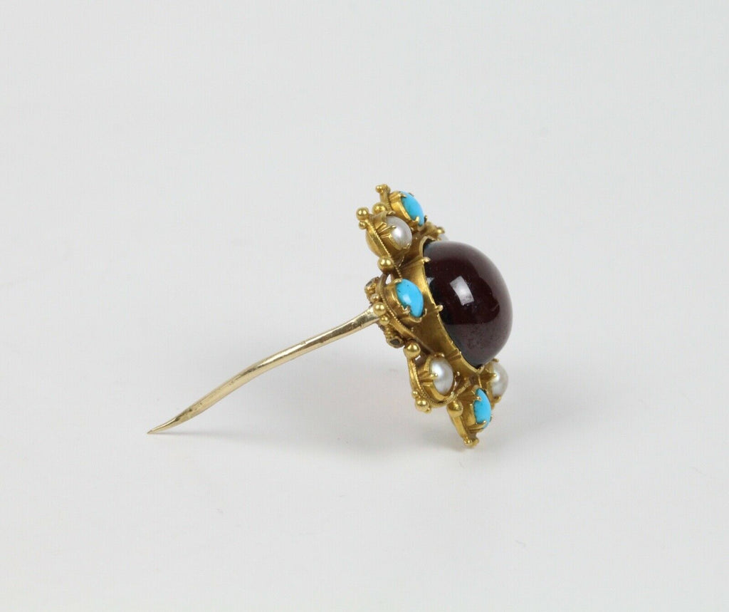 Vintage Tourmaline 14K Yellow Gold Seed Pearls Turquoise Brooch Pin