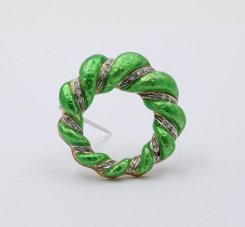 Vintage 18K Yellow Gold Diamond Green Enamel Wreath Brooch