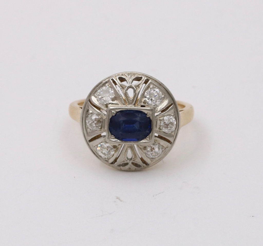 Art Deco Sapphire Diamond 14K White Yellow Gold Ring