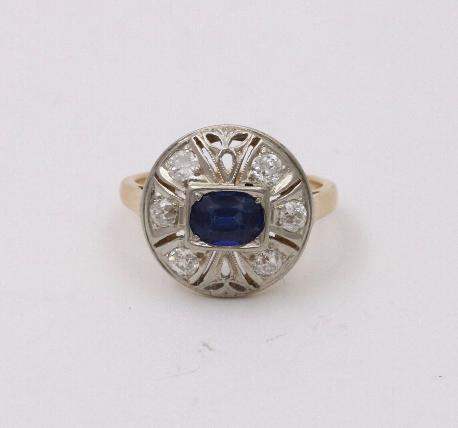Art Deco Sapphire Diamond 14K White Yellow Gold Ring