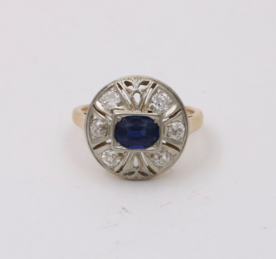 Art Deco Sapphire Diamond 14K White Yellow Gold Ring