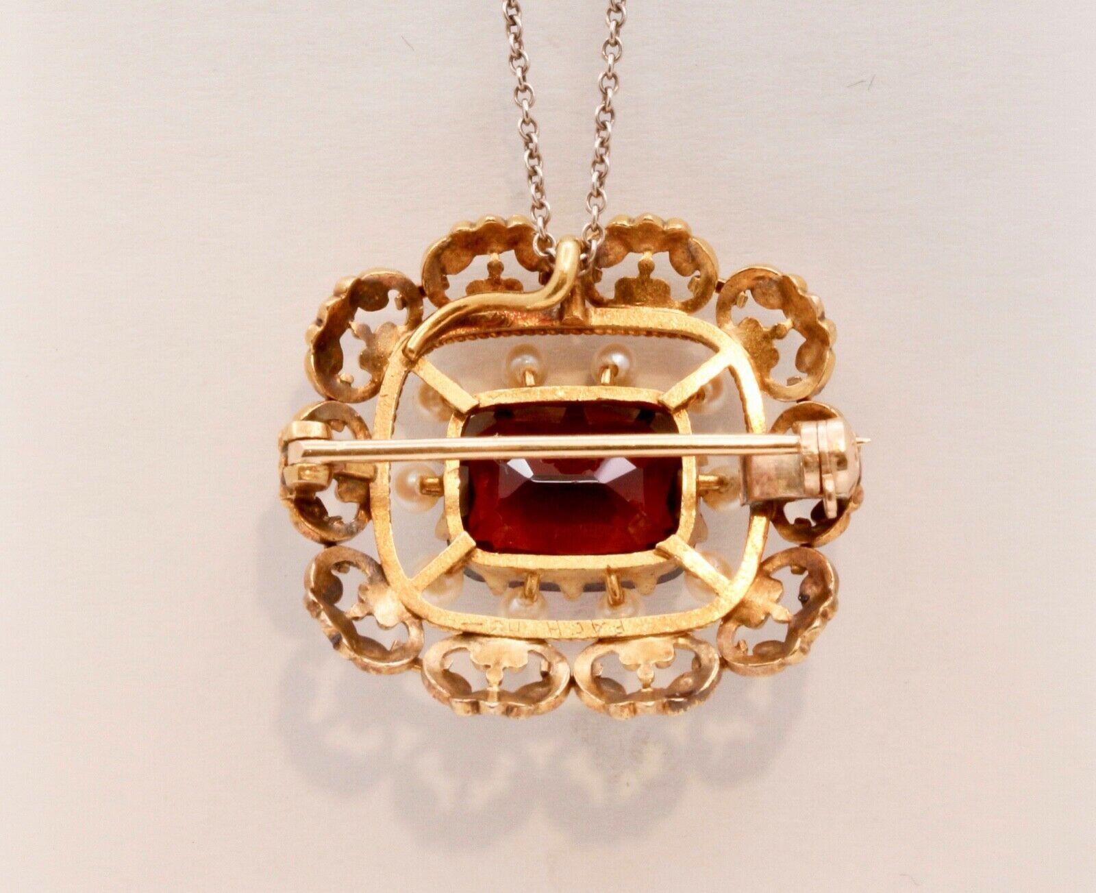 Pristine Victorian Garnet Pearls 14K Yellow Gold Brooch Pin Pendant