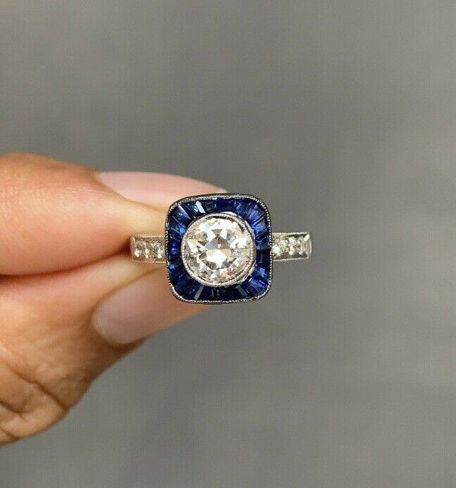 Vintage Art Deco Style 18K Gold Diamond & Sapphire Halo Ring, Engagement Ring.