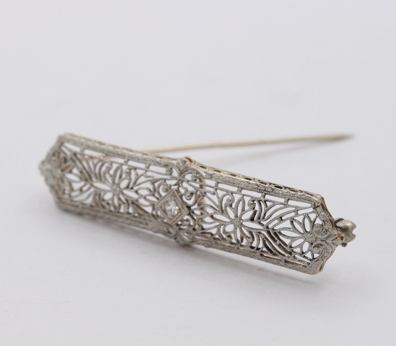 Art Deco 14K White Gold Diamond Bar Pin Brooch
