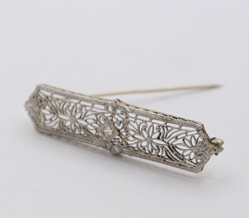 Art Deco 14K White Gold Diamond Bar Pin Brooch