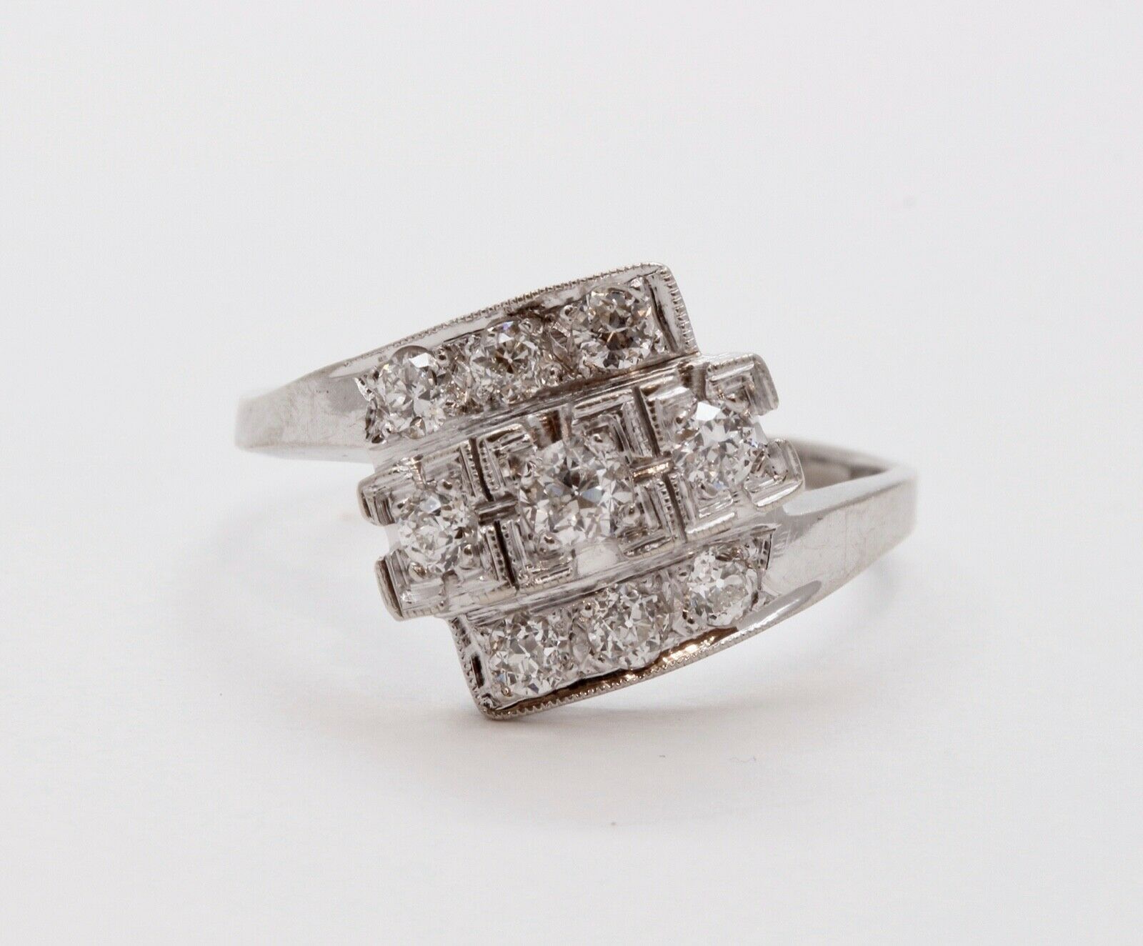 Art Deco Ladies Geometric Diamonds 14K White Gold Ring