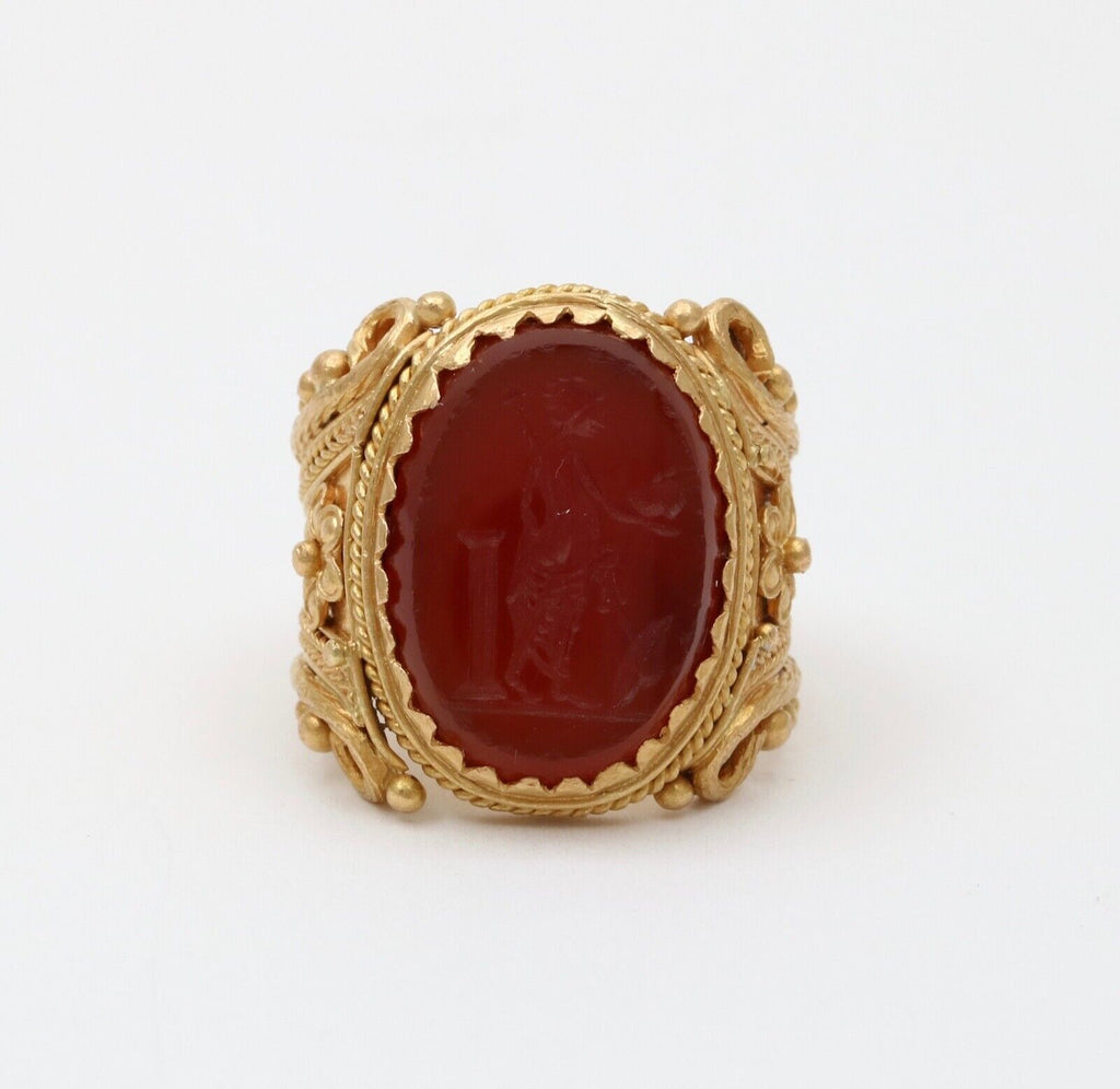 Vintage 22K Yellow Gold Carved Greek Narcissus Intaglio Carnelian Signet.
