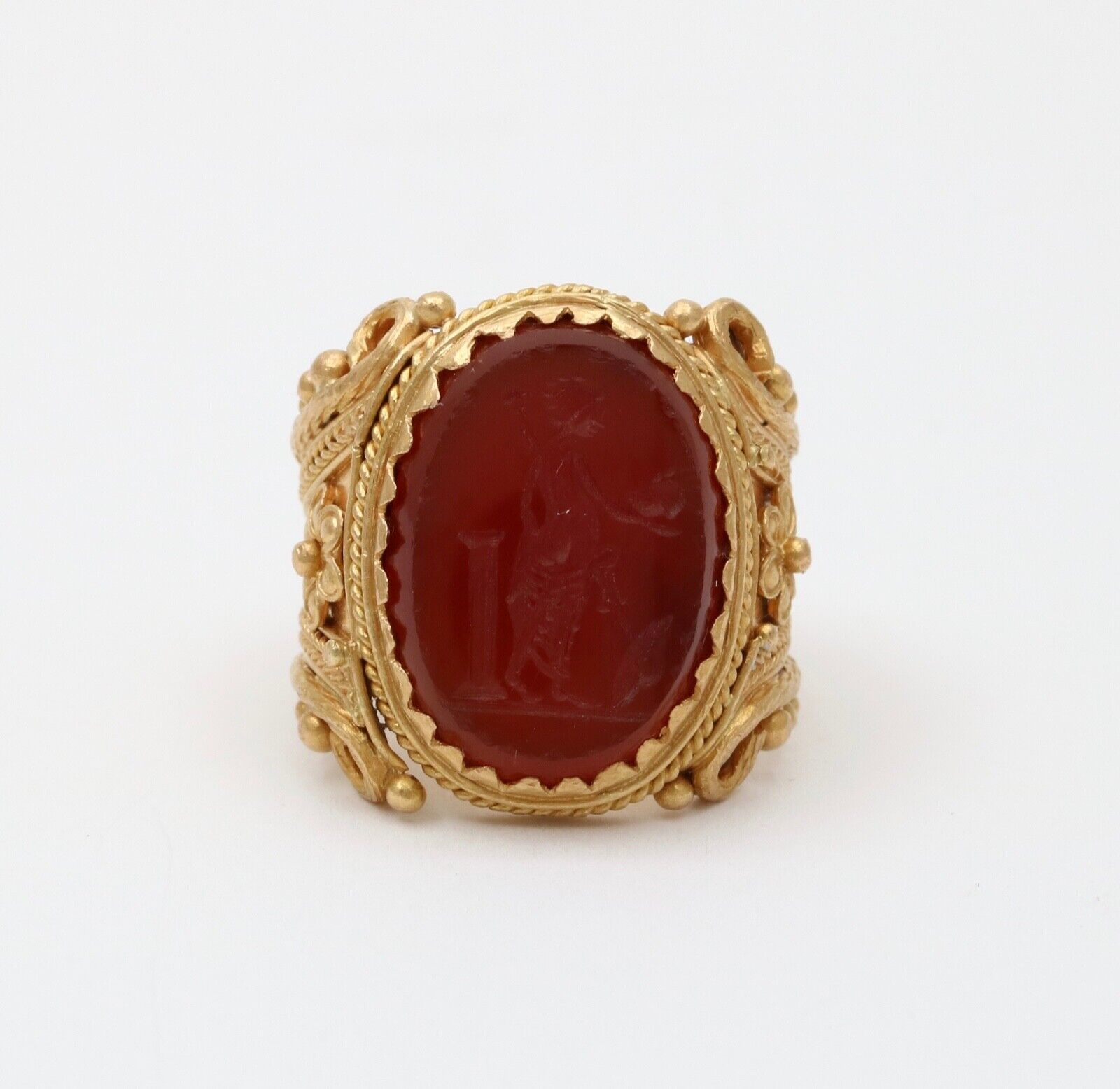 Vintage 22K Yellow Gold Carved Greek Narcissus Intaglio Carnelian Signet.