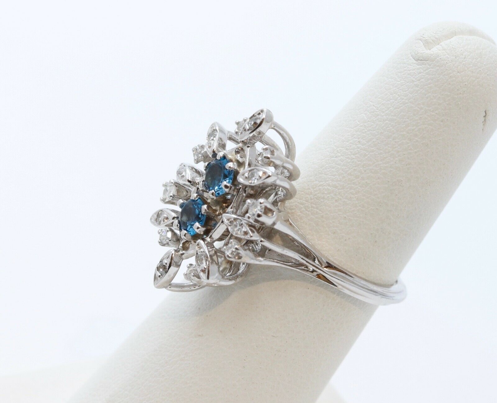 Vintage Flower London Blue Topaz Diamonds 14K White Gold Ring