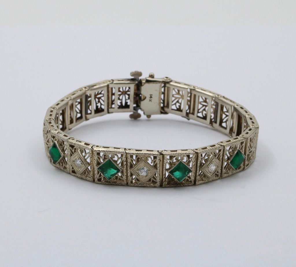 Art Deco Flower Filagree Diamonds Emeralds 14K White Gold Bracelet
