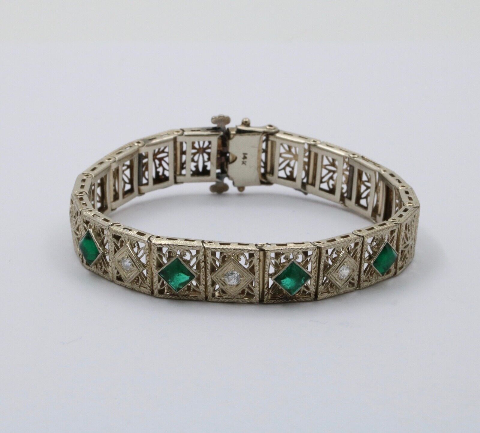 Art Deco Flower Filagree Diamonds Emeralds 14K White Gold Bracelet