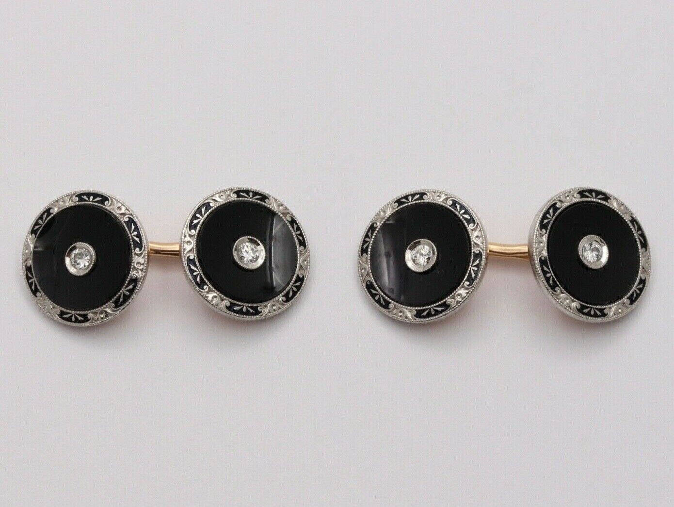 Vintage Krementz Platinum & 14K Yellow Gold Onyx Diamond Enamel Cufflinks, Man's