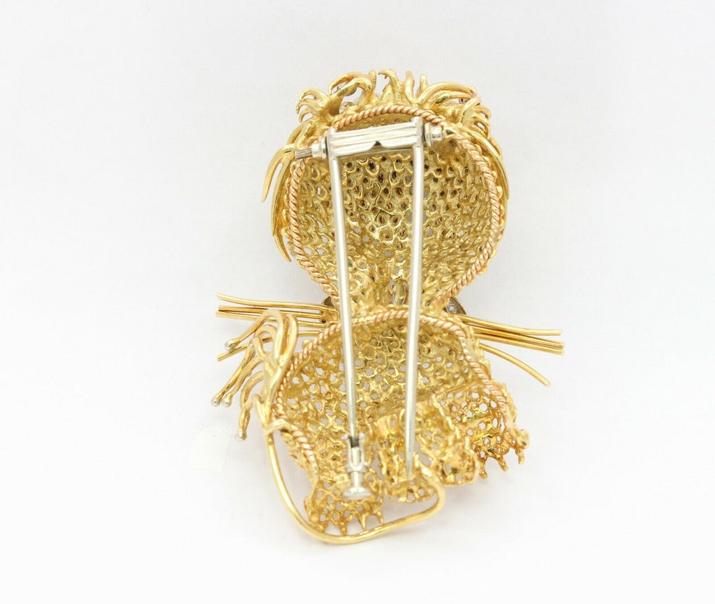 Elegant and Fun Vintage Lion Brooch 18K Diamonds Emeralds Enamel Onyx