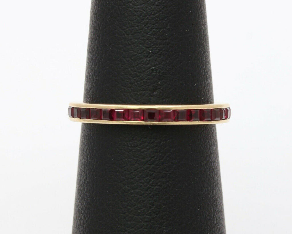 Vintage Emerald French Cut Rubies 14K YG Eternity Band Ring